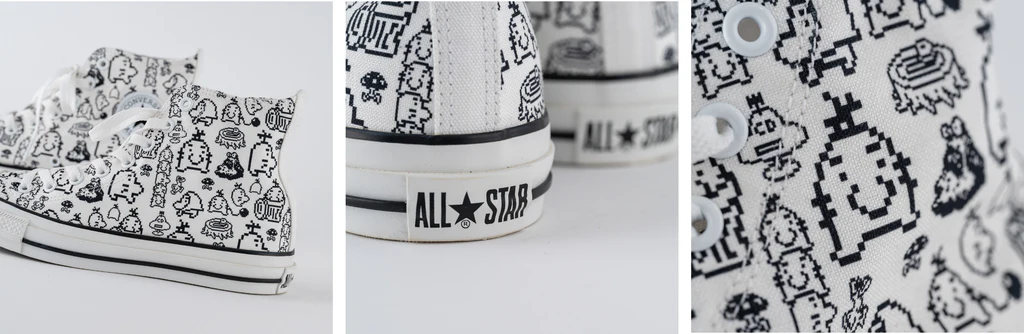 ゲーム「MOTHER・どせいさん」のドット絵がモノクロの総柄でプリントされた ほぼ日 × CONVERSE ALL STAR (R) HI / MTが2025年 1/9 & 2月下旬 発売 (マザー コンバース オールスター)